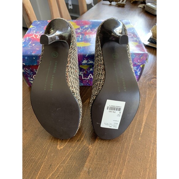 7M Chinese Laundry Cutie Open Toe Pump Tweed and Button Gray Women's Heels - Picture 6 of 7